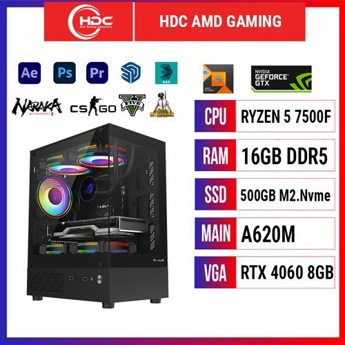 HDC AMD GAMING Ryzen 5 7500F / RAM 16GB / SSD 500GB NVME M.2 / A620M / RTX 4060 8GB